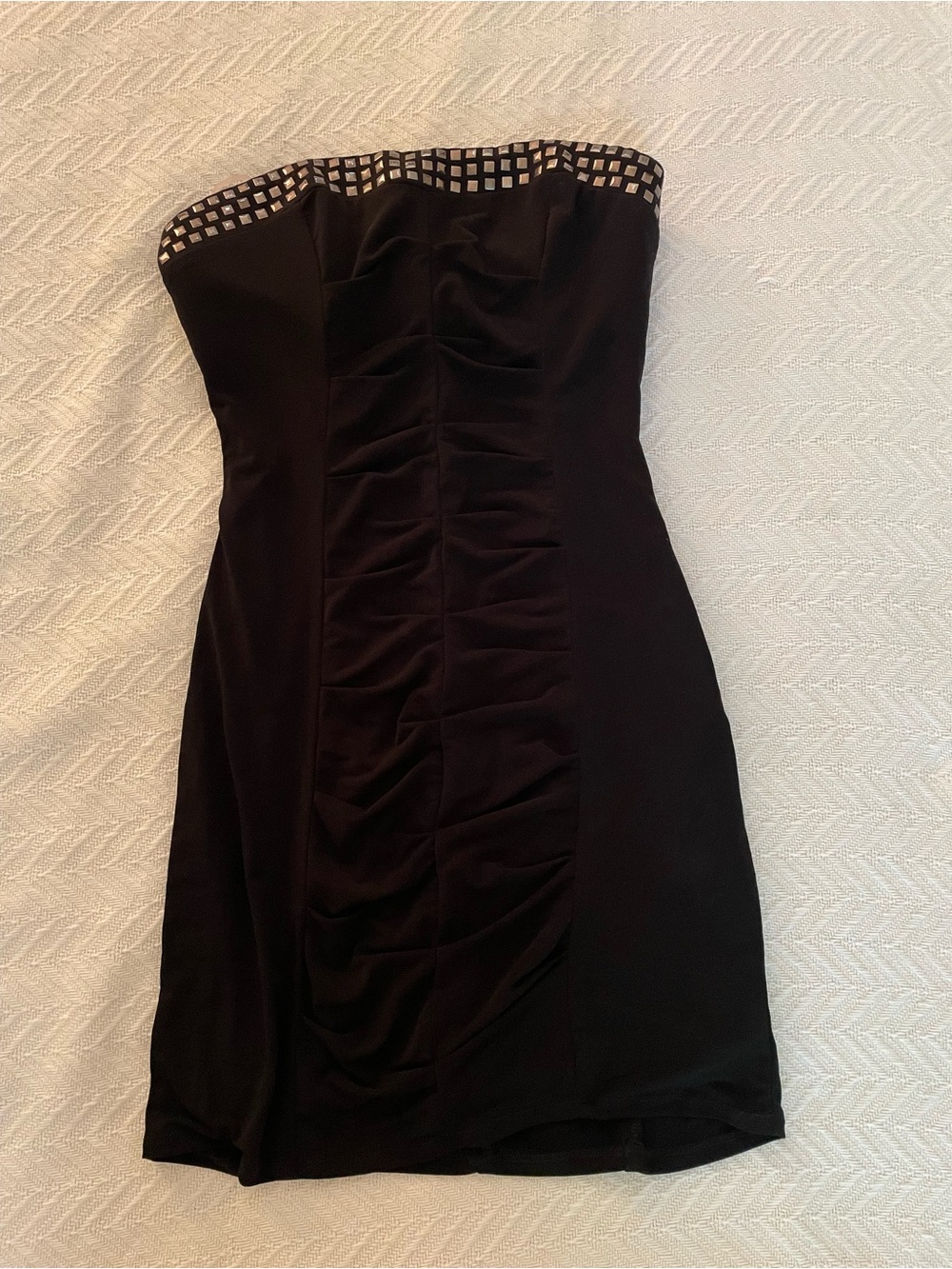 Small Black Strapless Ruched Cocktail Dress with Stud Trim